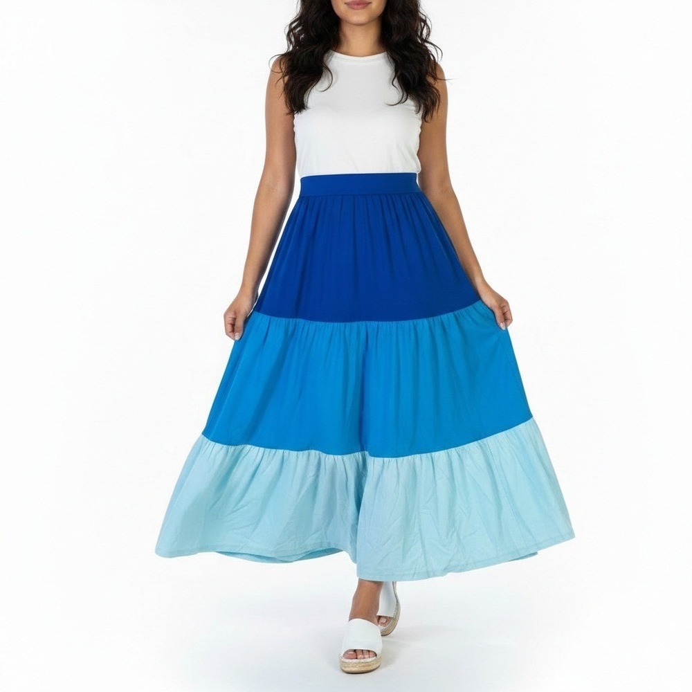 NWT Lands End Womens Boho Cotton Colorblock Maxi Skirt Blue Coastal Modest Sz S